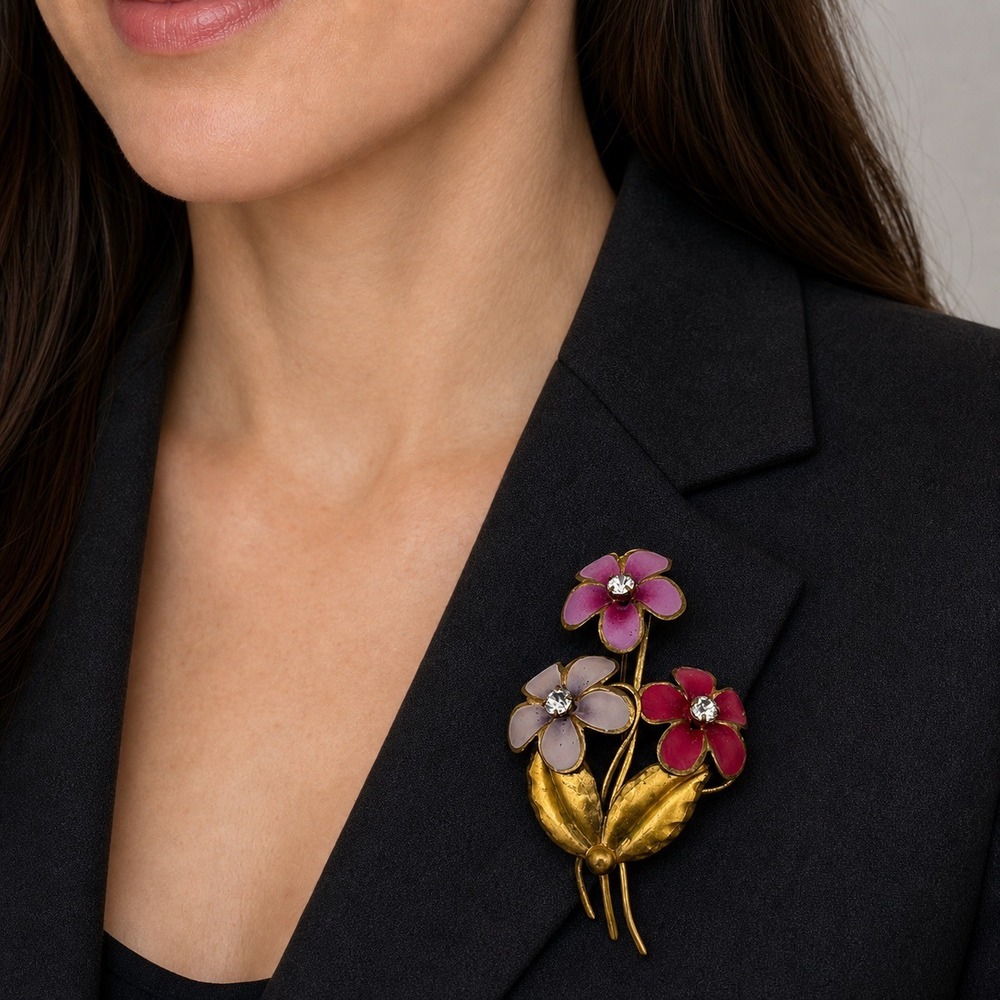 Floral Brooch Pink Vintage Enamel Rhinestone Flower Bouquet